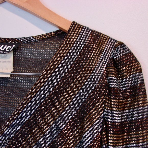 Vintage Metallic Top Shiny Sparkle Disco V-neck Ruched Top Holiday Party Medium - Picture 4 of 11